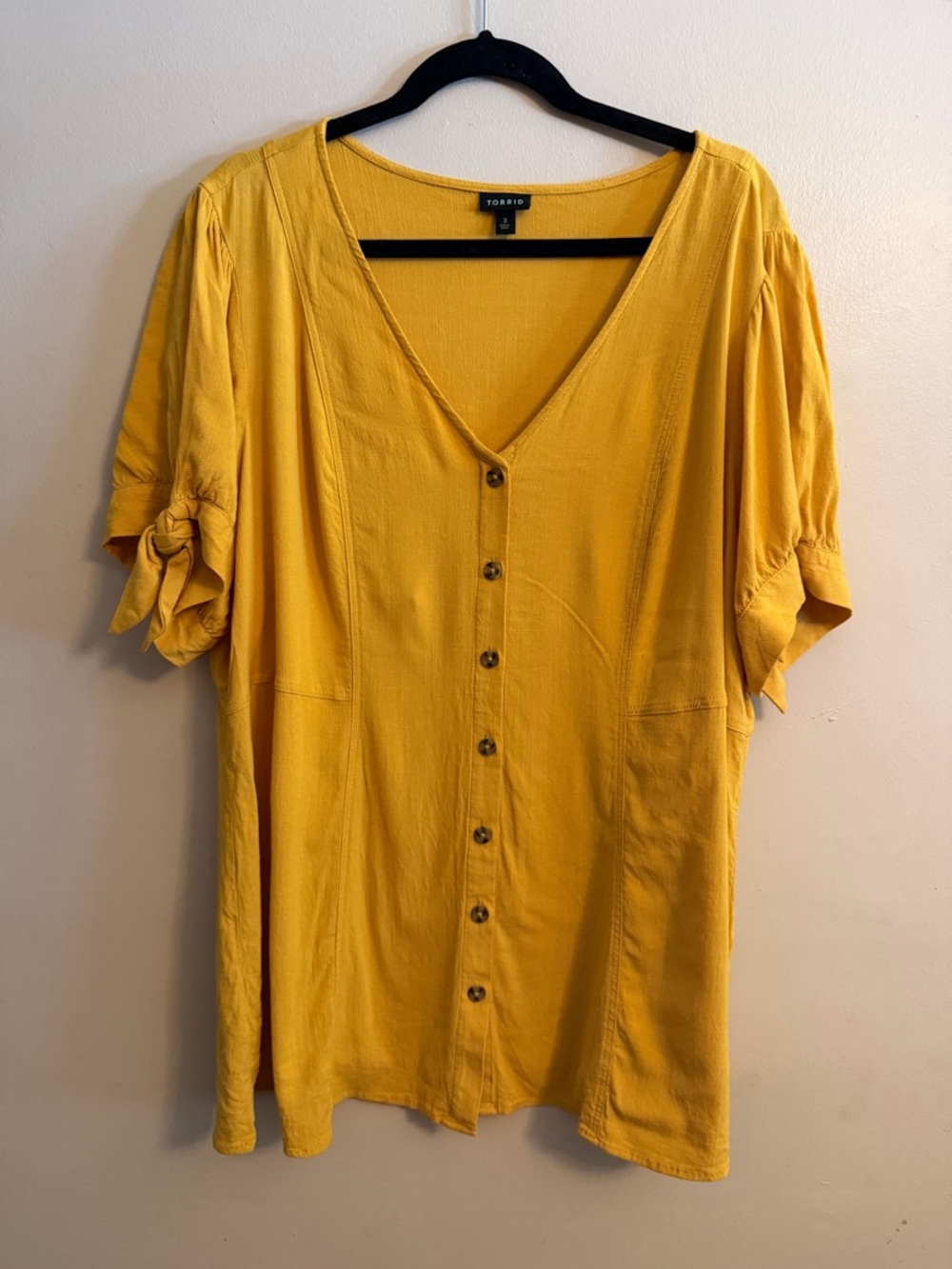 torrid Mustard Yellow Button-Front V-Neck Top with Tie Sleeves